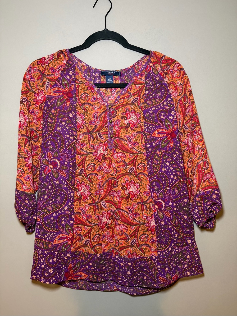 Chaps Paisley Blouse XS Relaxed Fit Orange Purple Floral Peasant Top Fall